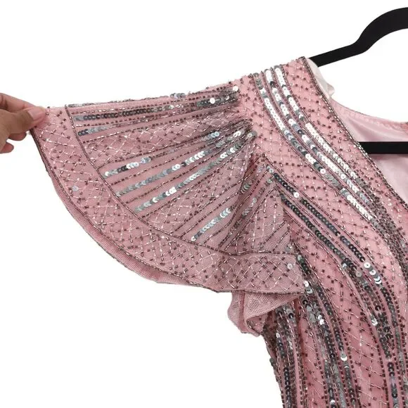 Mac Duggal Women 6 Striped Sequin V Neck Gown Rose Pink Beading 70108 NEW FLAW